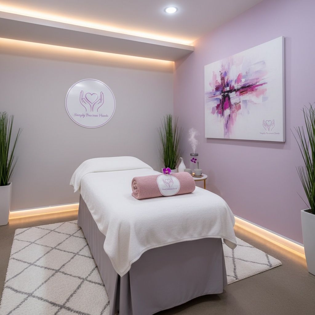 Simply Precious Hands clinical treatment room in purple and pink