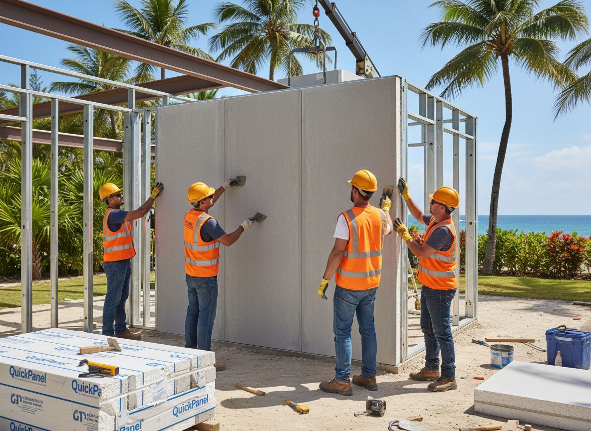 Workers installing QuickPanel wall system at a coastal construction site