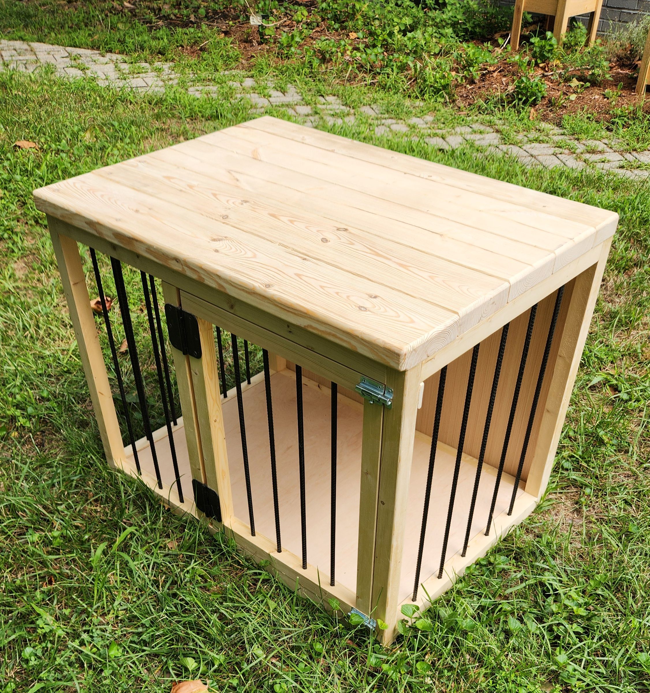 Handmade wooden dog crate end table with metal bars (door side)