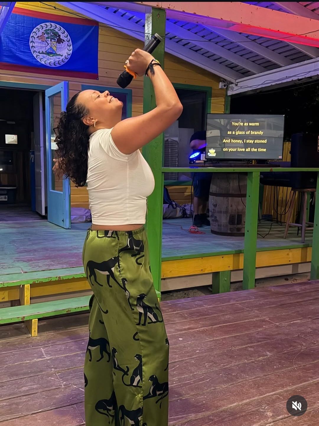 Karaoke night at Infinity Island Beach Bar, San Pedro Belize — singer on stage with Belize flag