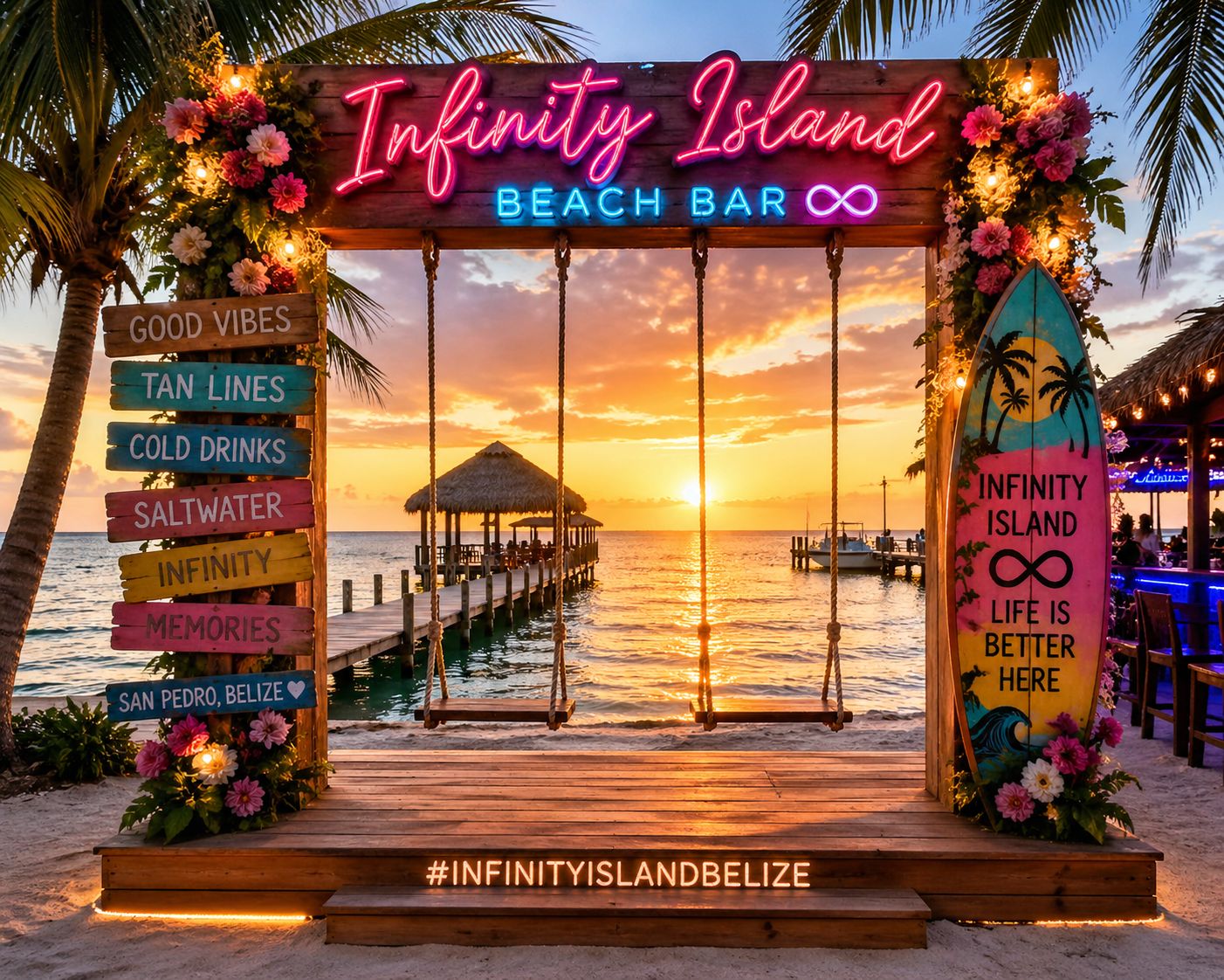 Sunset at Infinity Island Beach Bar with neon sign and rope swings, San Pedro Belize