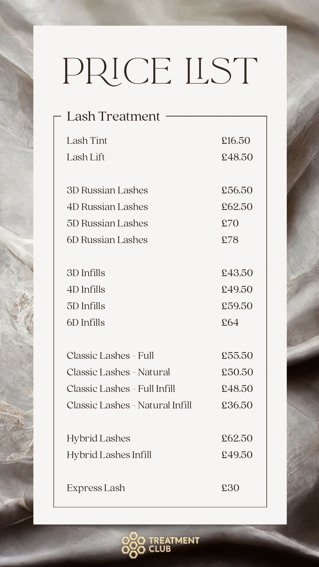 The Treatment Club lash treatments price list