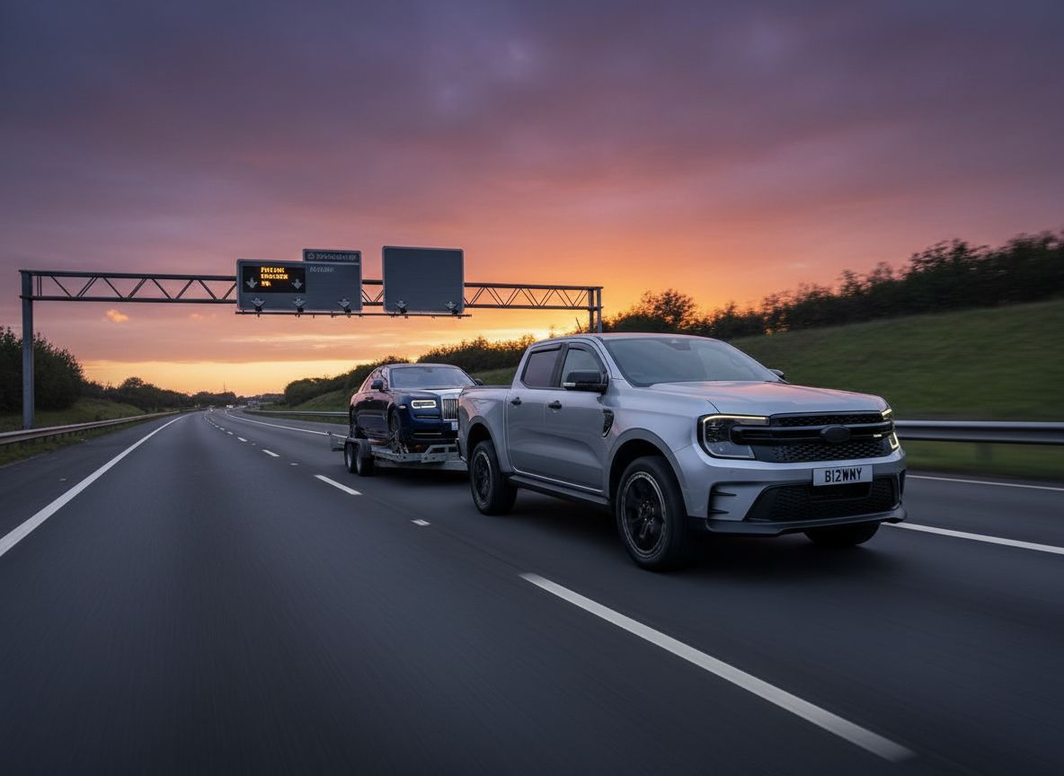 Cartor MS-RT Ford Ranger towing Rolls-Royce on UK motorway at sunset