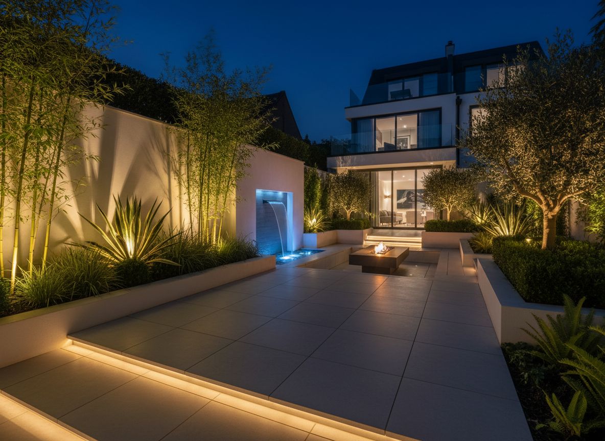 Smart garden lighting at night — warm LED uplighting on specimen trees by Wicked Gardens LTD South East London