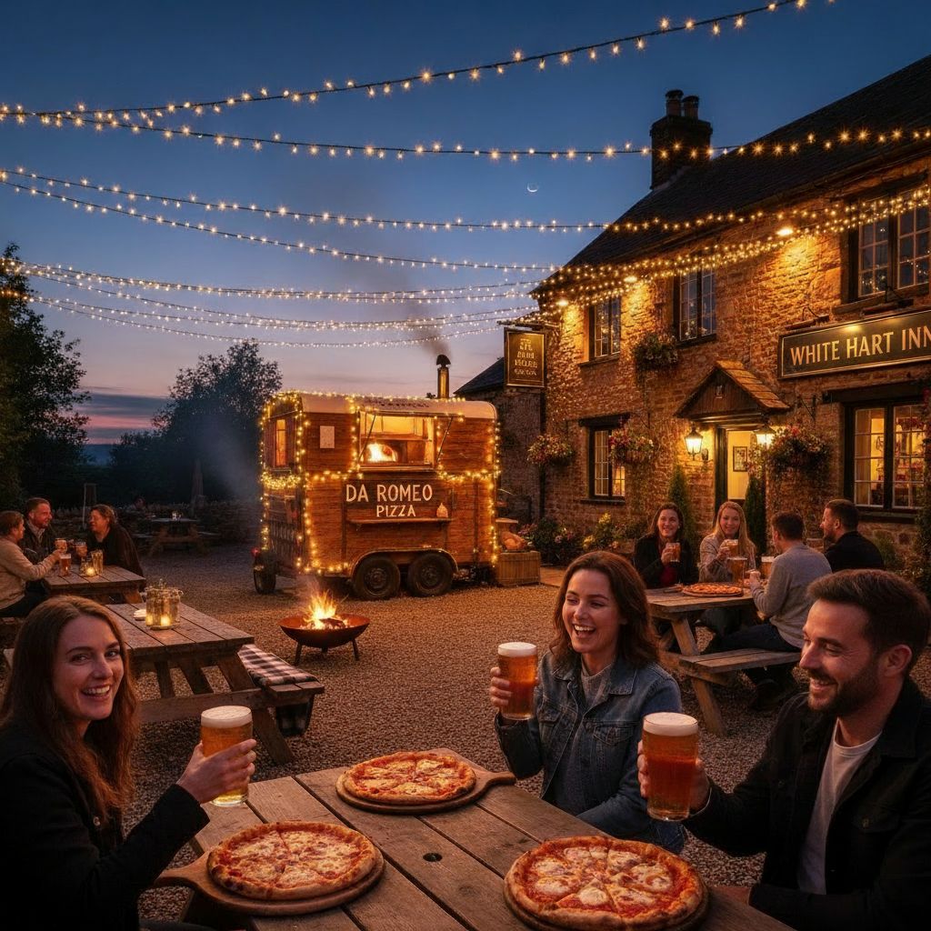 Da Romeo horse box at the White Hart Inn with string lights and crowd