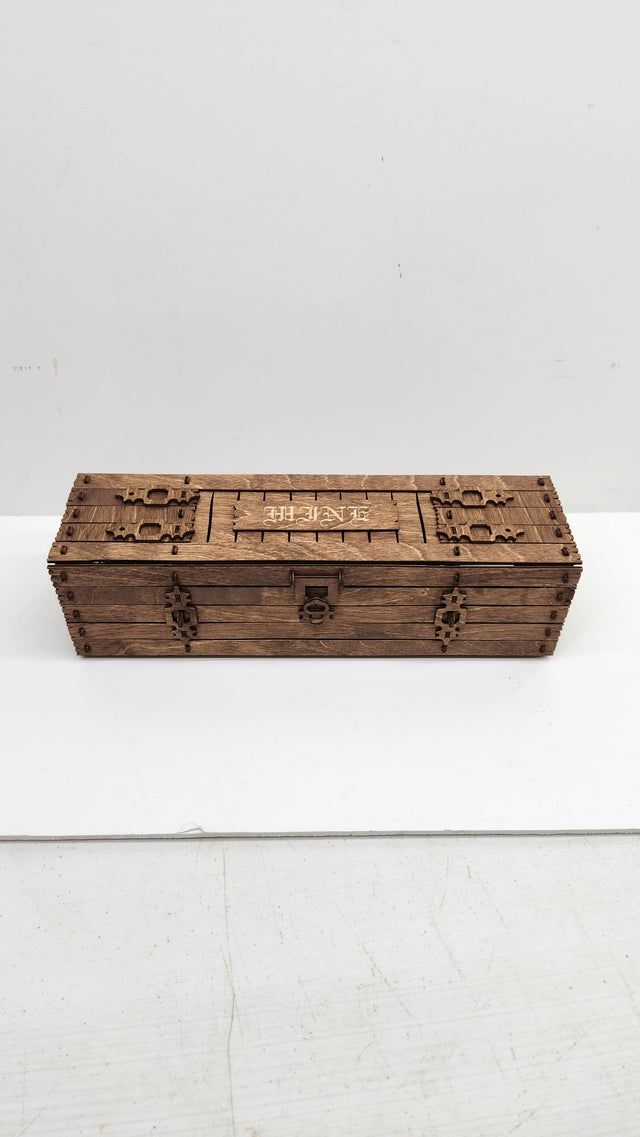 Rustic wooden wine box with WINE engraving
