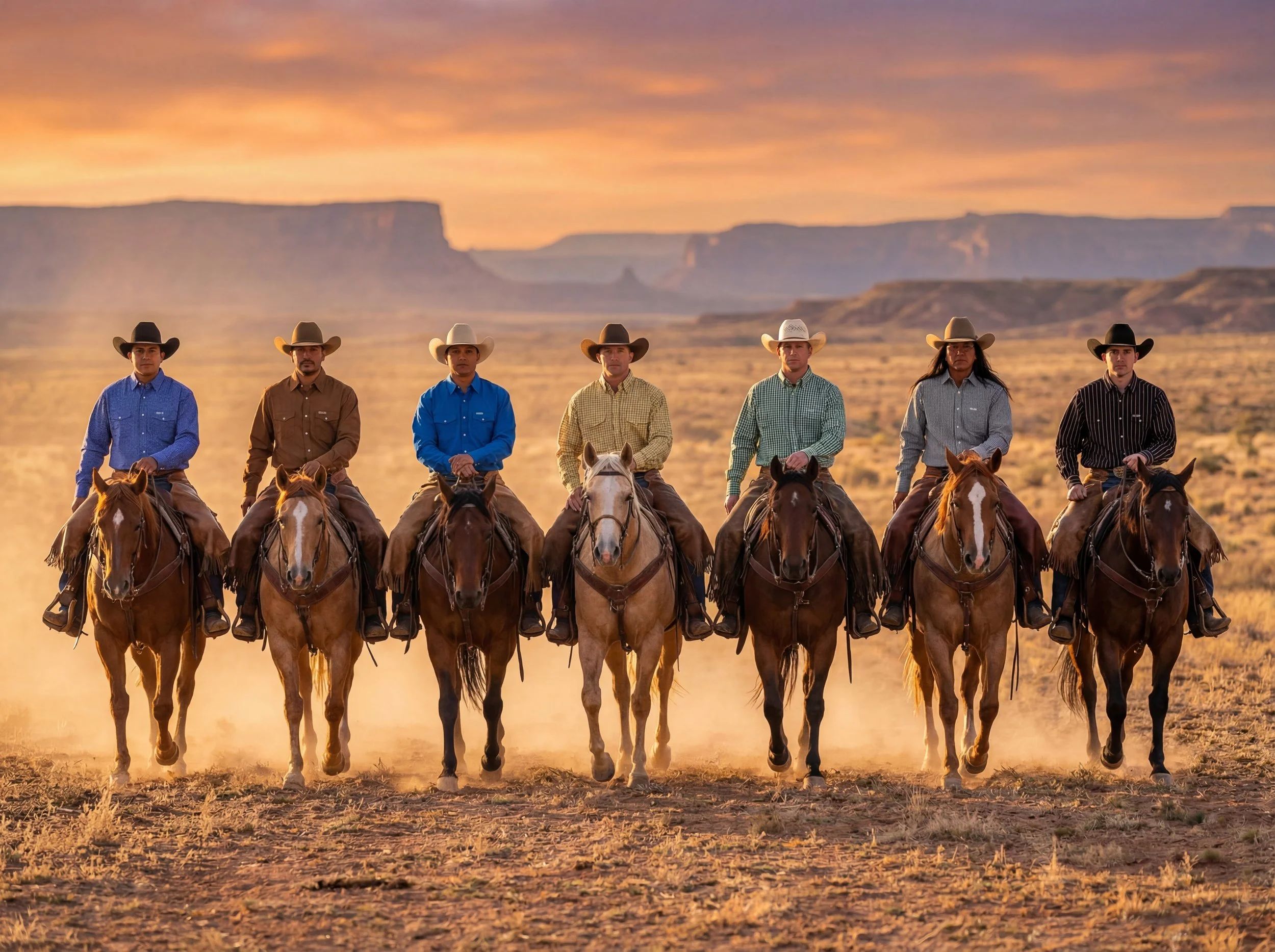 Cowboys riding at sunset