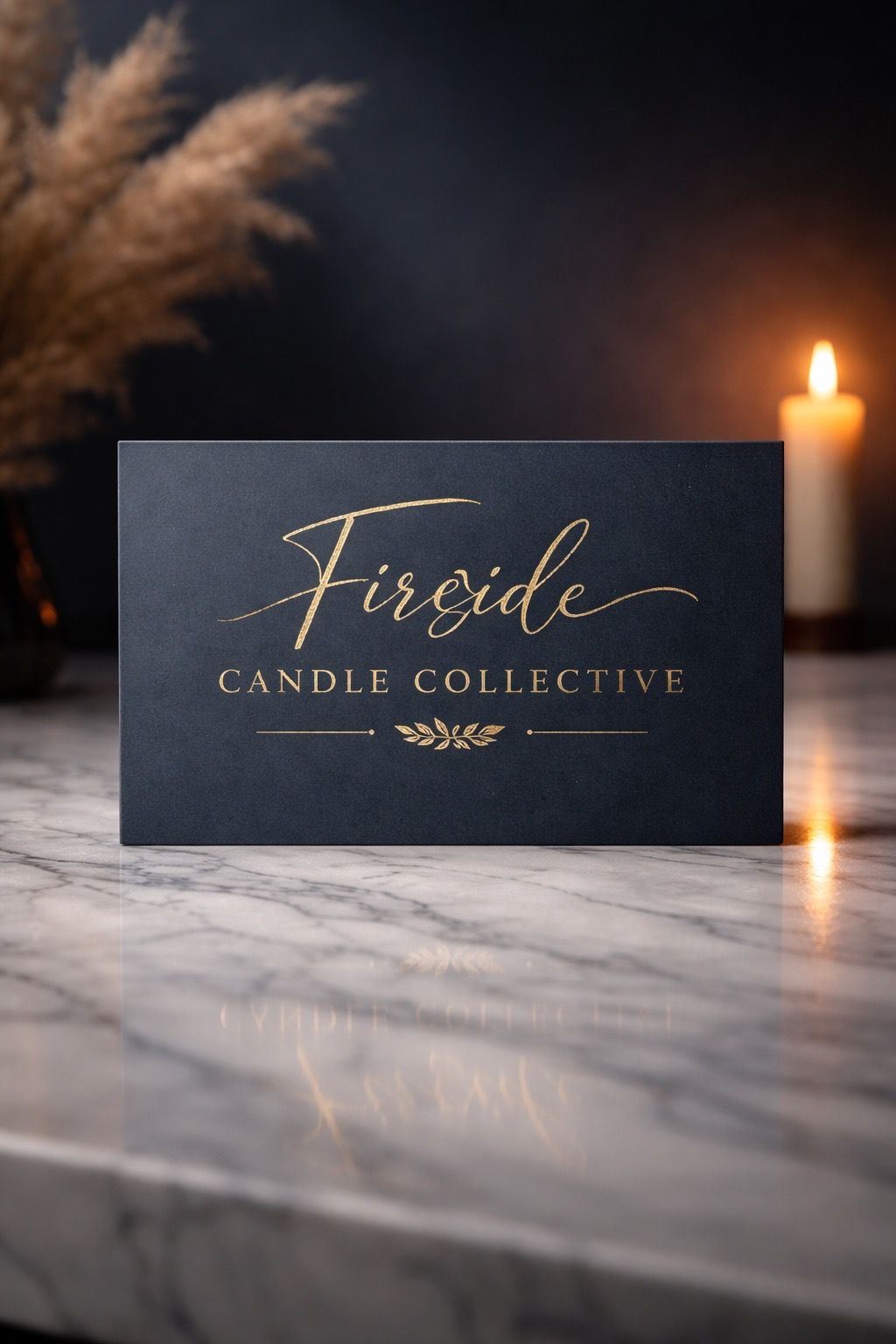Fireside Candle Collective business card and candle