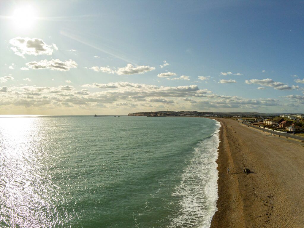 Aerial drone view of Newhaven from Seaford coastline, East Sussex