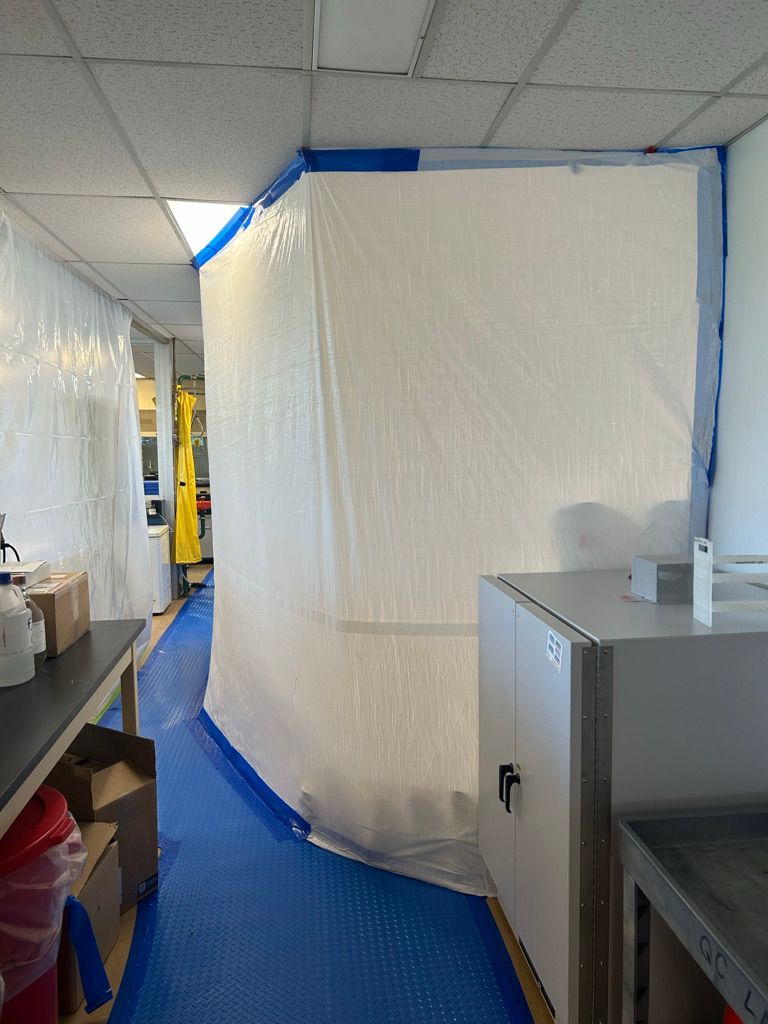 Pharmaceutical workspace enclosed with protective sheeting during epoxy floor application, blue seamless floor visible in foreground