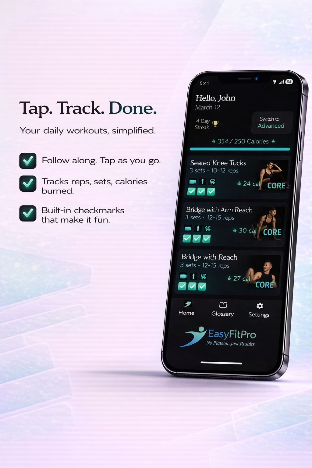 Tap to track — workout with checkmarks
