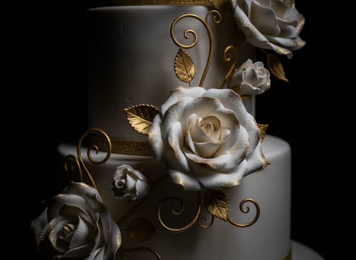 Close-up of white cake adorned with decorative white roses and golden leaves