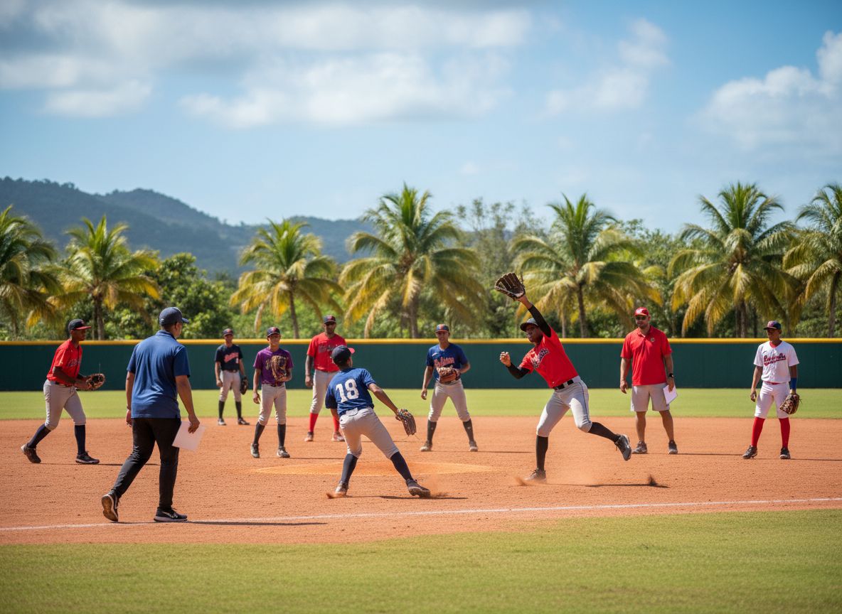 Baseball camp training session with coaches and players