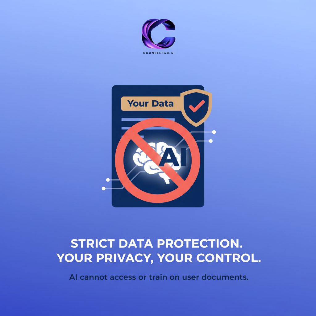 CounselPad strict data protection — no AI training on user data