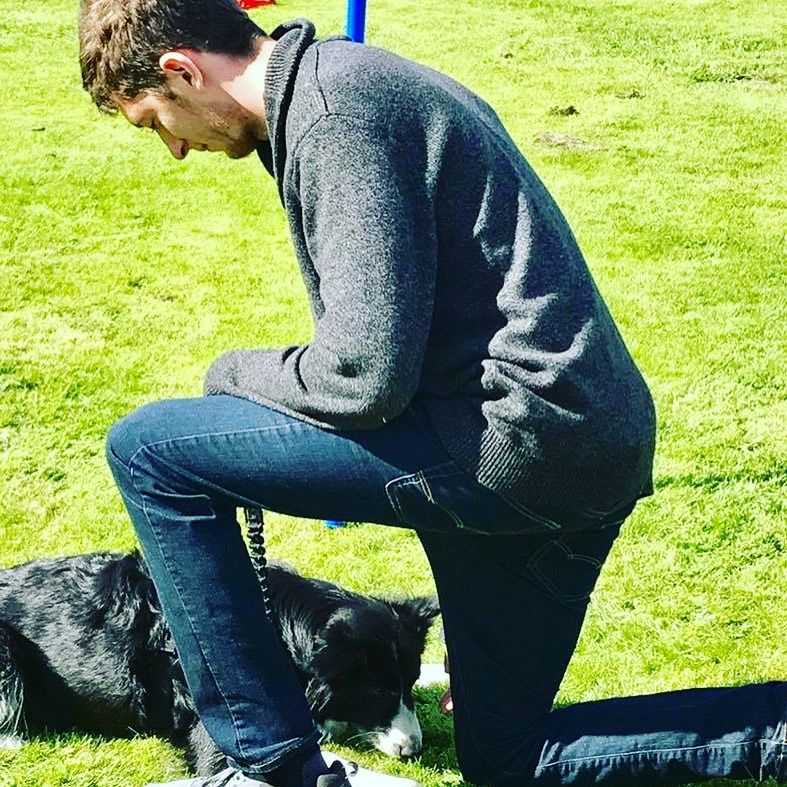 Patrick kneeling with a dog during a calm training reward moment