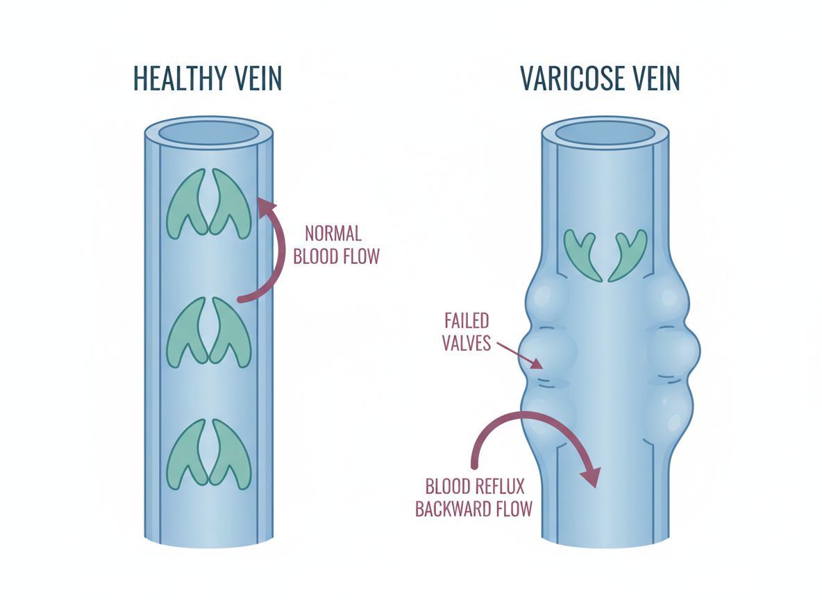 Diagram comparing a healthy vein with functioning valves versus a varicose vein with failed valves and blood reflux