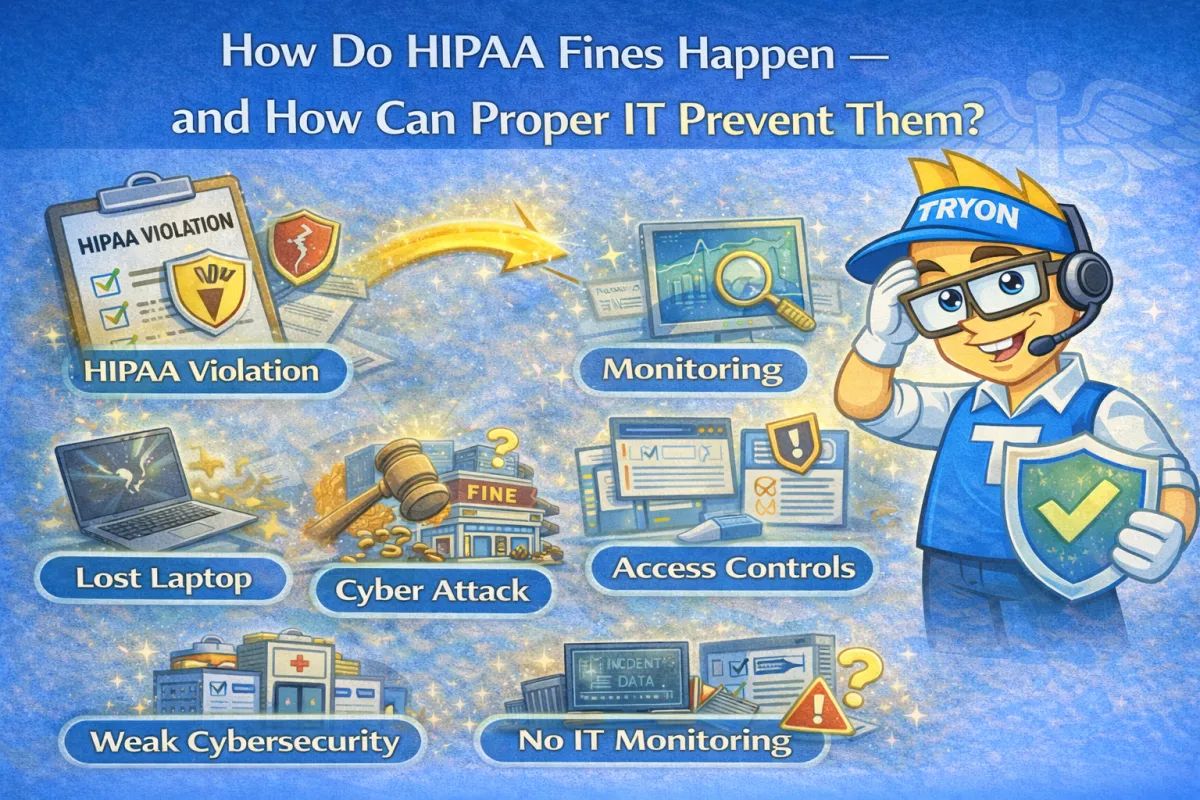 Infographic: how HIPAA fines happen (lost laptop, cyber attack) and how proper IT can prevent them