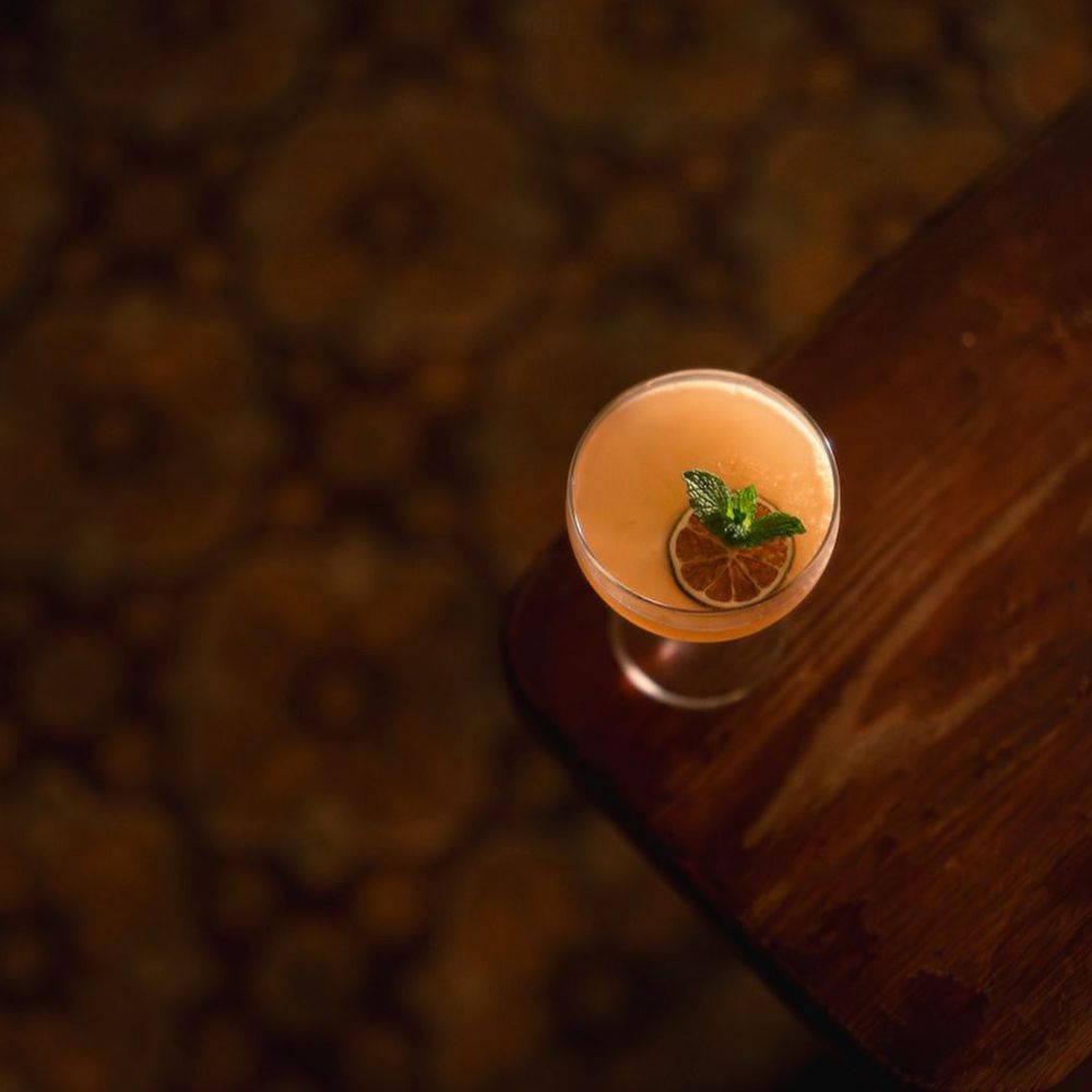 Furtivo cocktail overhead — craft cocktail garnished with dried citrus and mint on a patterned carpet
