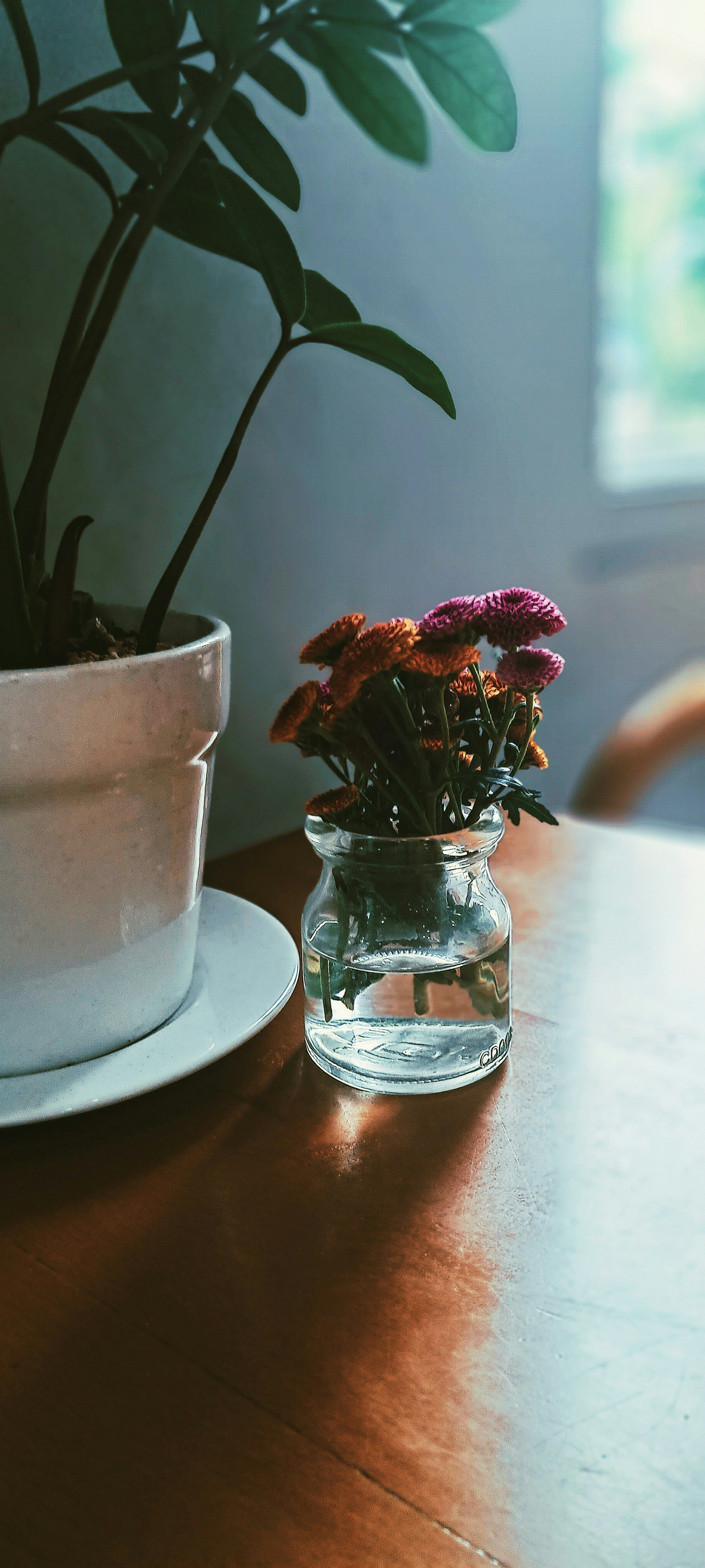 Small jar of flowers on a windowsill