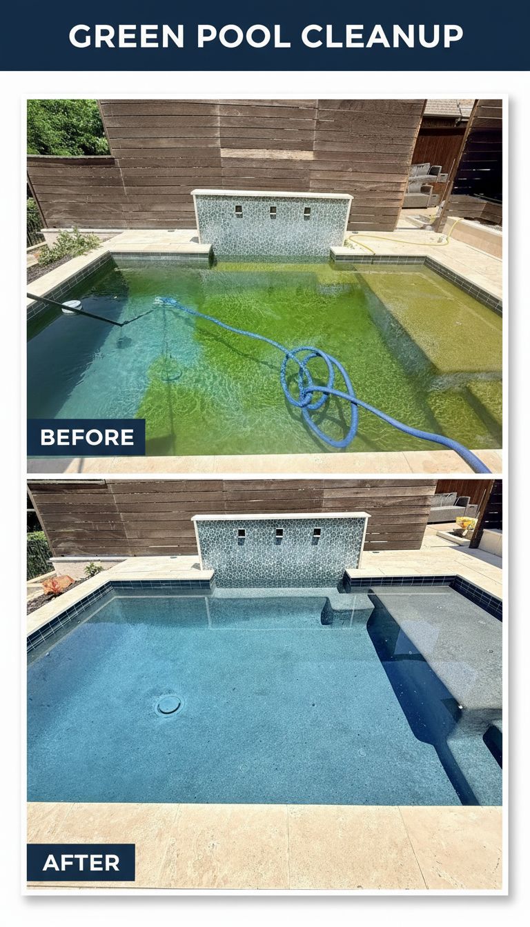 Before and after green pool cleanup — Pinky project by Kleen Water Pool Service