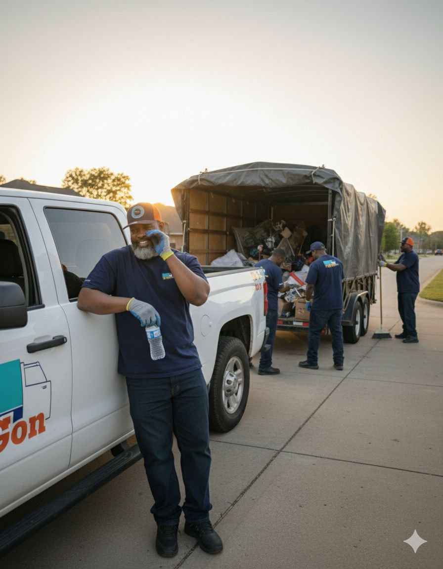 Four GoGo Junk Removal crew members at sunset near white truck and loaded trailer after completing job
