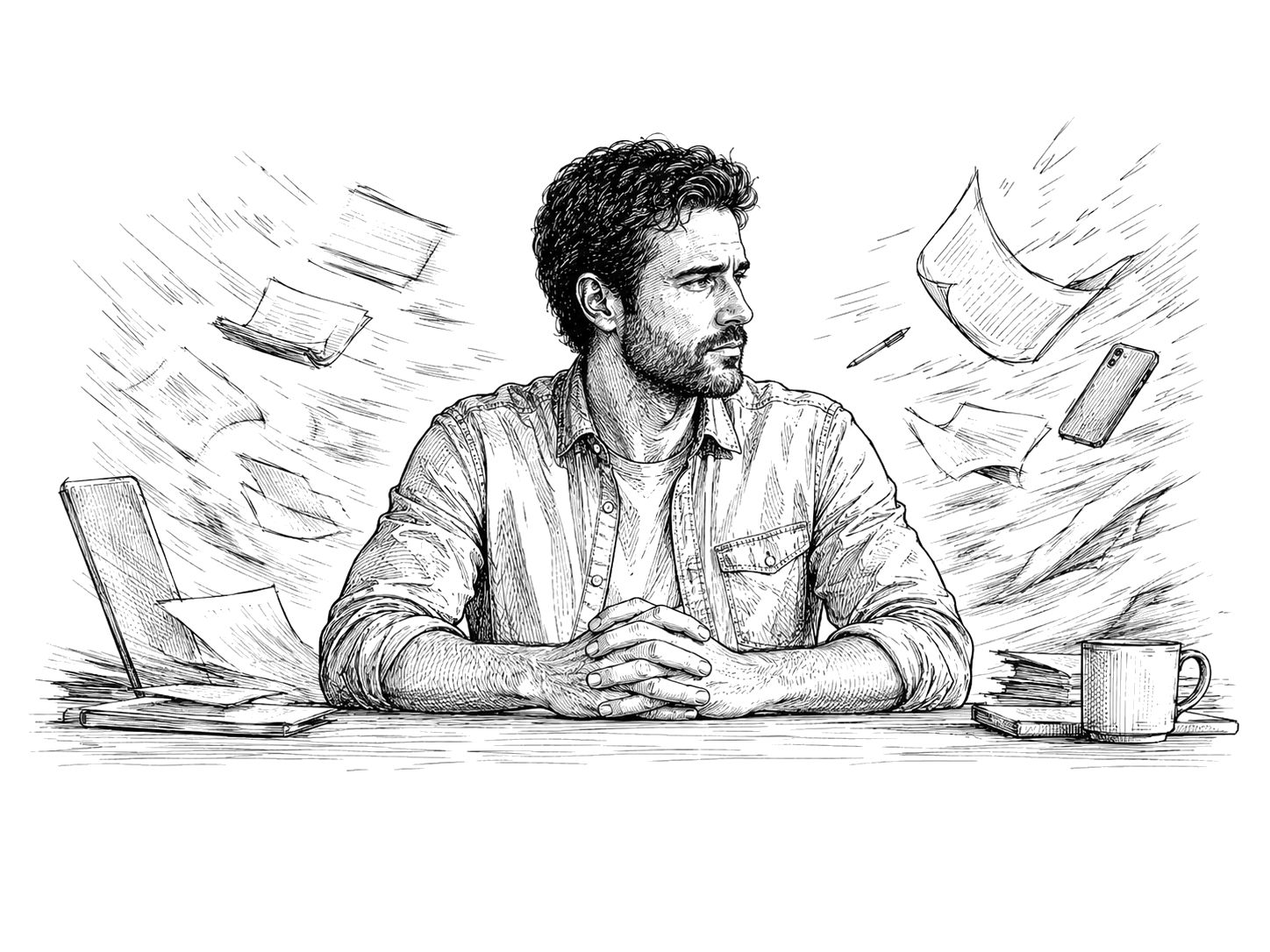 Man at desk with papers and coffee swirling around him