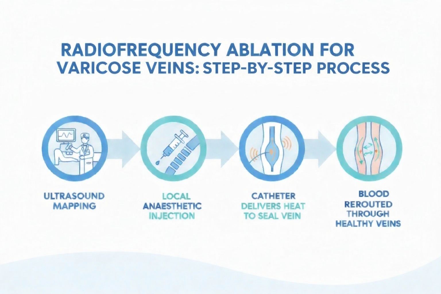 Infographic showing the four stages of radiofrequency ablation: ultrasound mapping, local anaesthetic, catheter treatment, and recovery