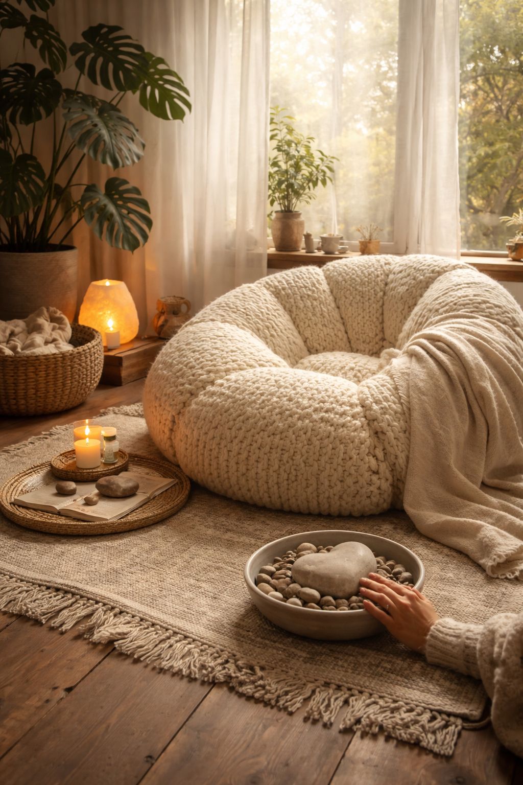 Cozy sanctuary setting with chunky knit cushion, candles, and smooth stones