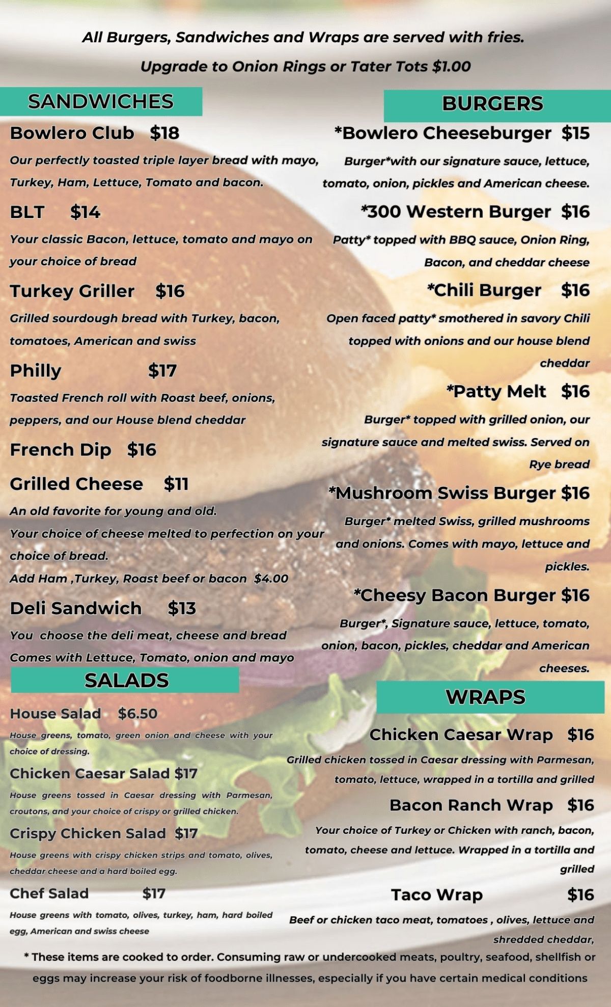 Bowlero Lanes menu