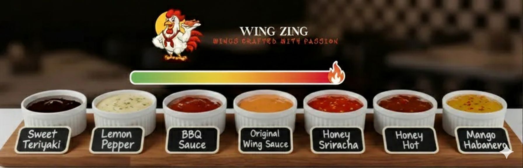 Wing Zing signature sauces lineup with heat scale