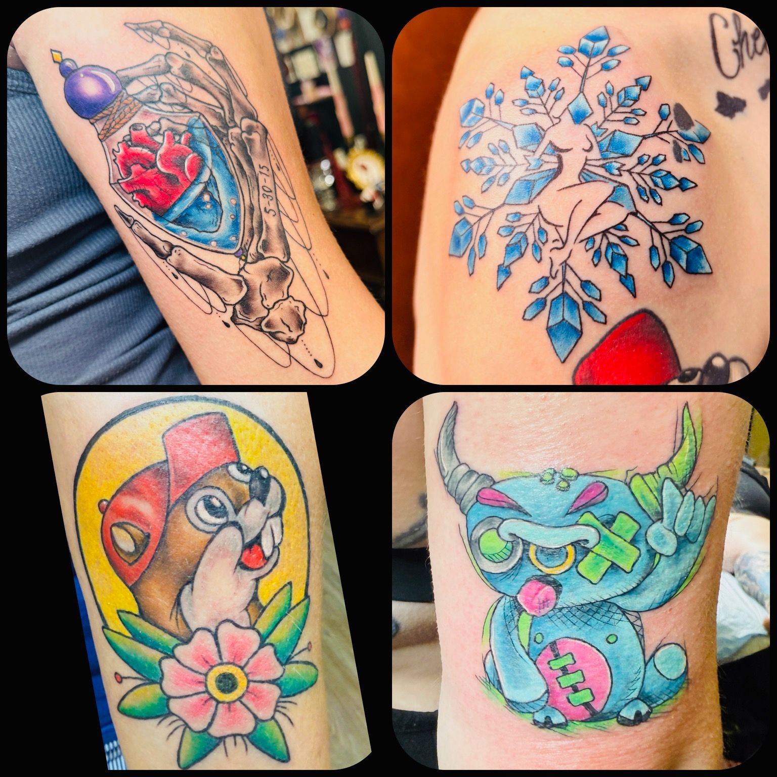 Color tattoo by Justin - skeletal hand holding a heart bottle, plus other small designs