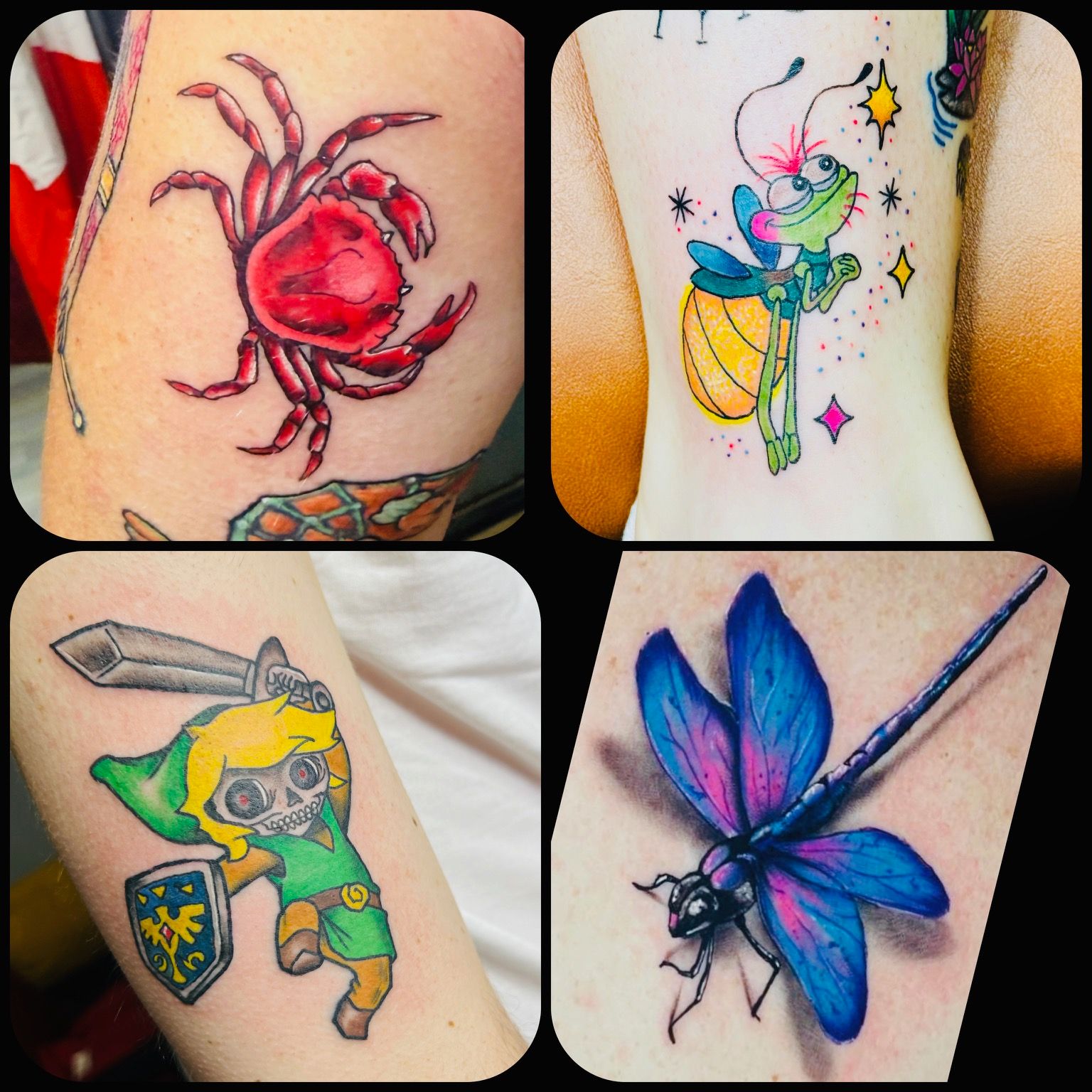 Color tattoo by Justin - crab, cartoon insect, skeleton warrior, and dragonfly set