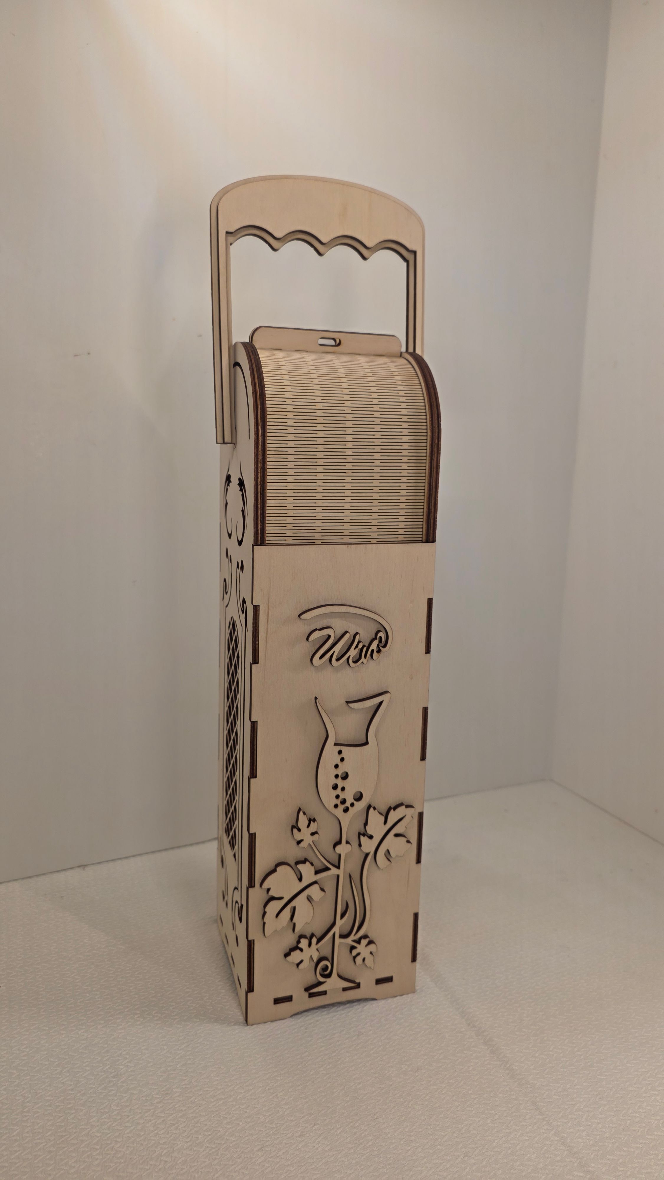 Tall wooden wine gift box with grape vine design