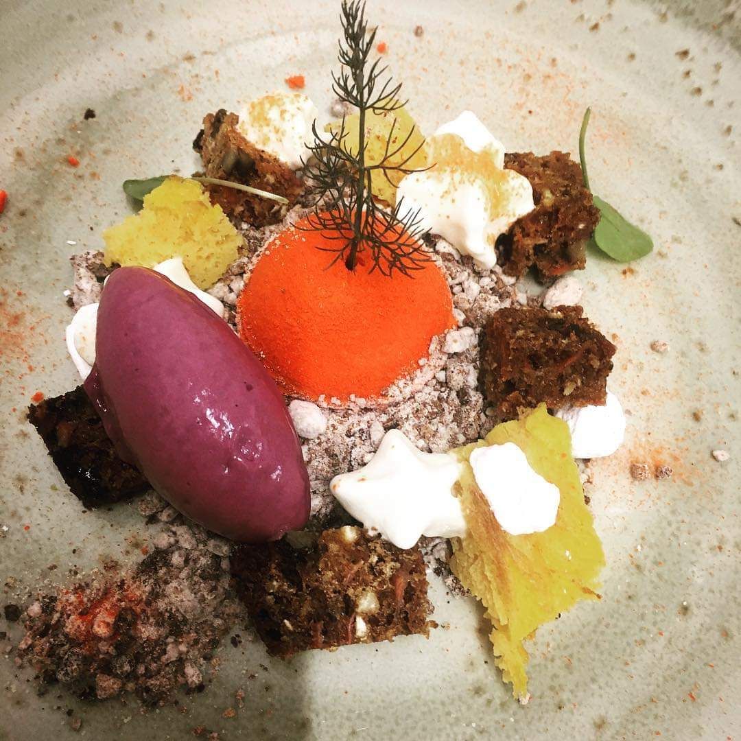 Plated dessert with citrus and sorbet