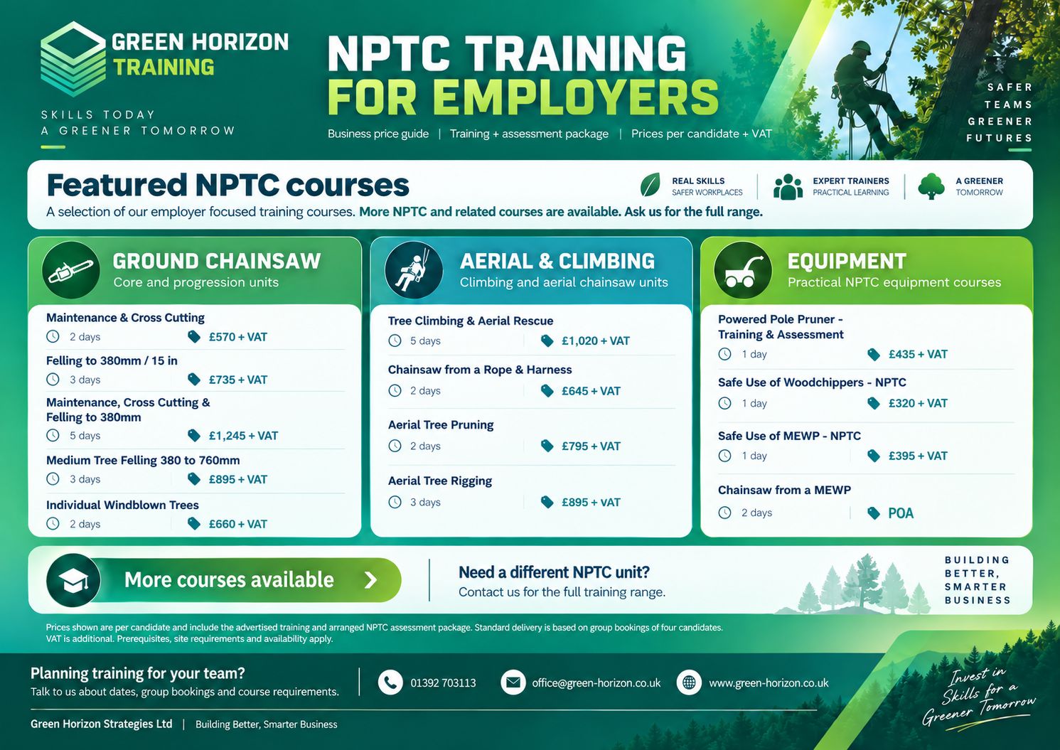 Green Horizon NPTC Training Courses price guide showing ground chainsaw, aerial climbing, and equipment courses