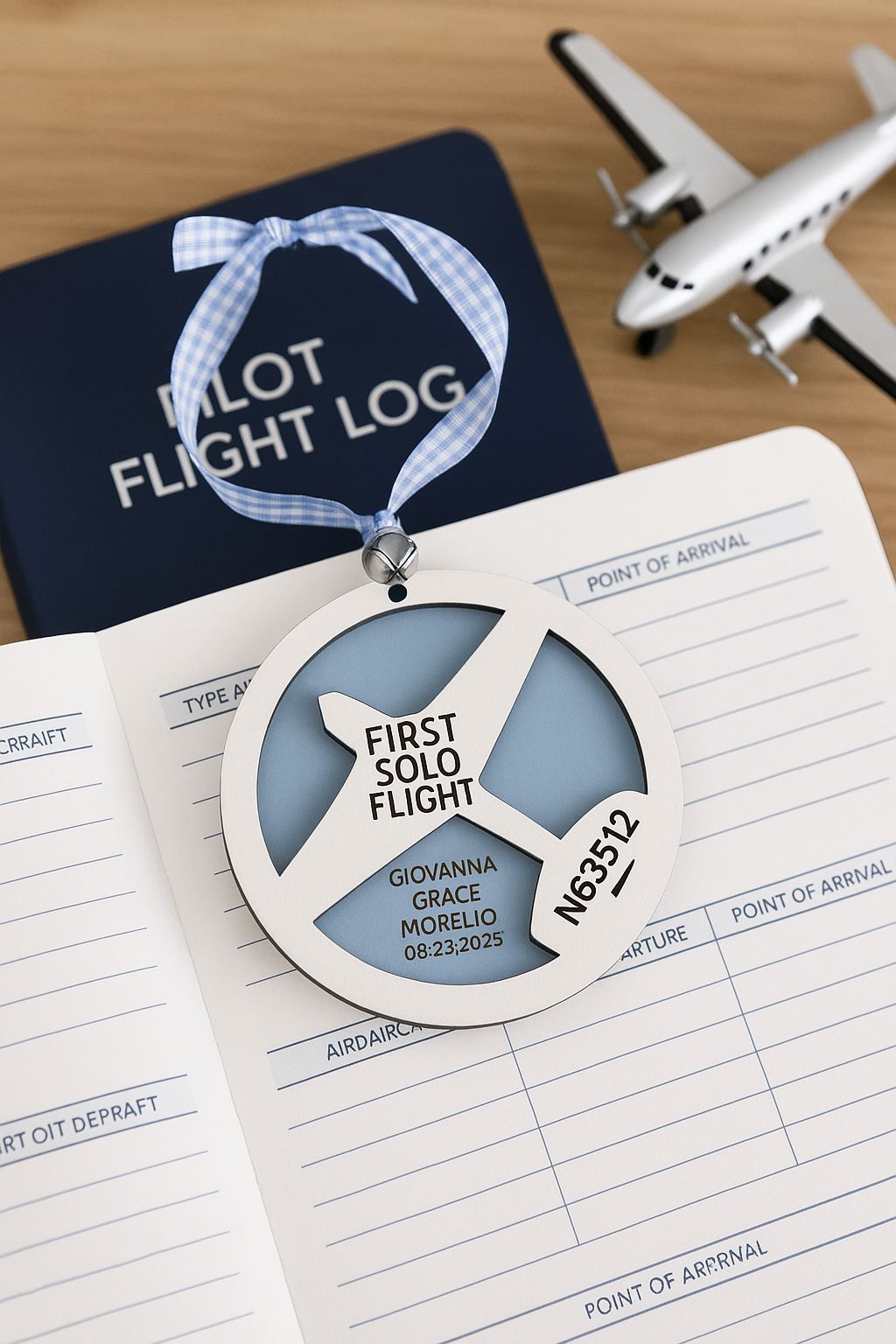 First solo flight ornament on pilot logbook