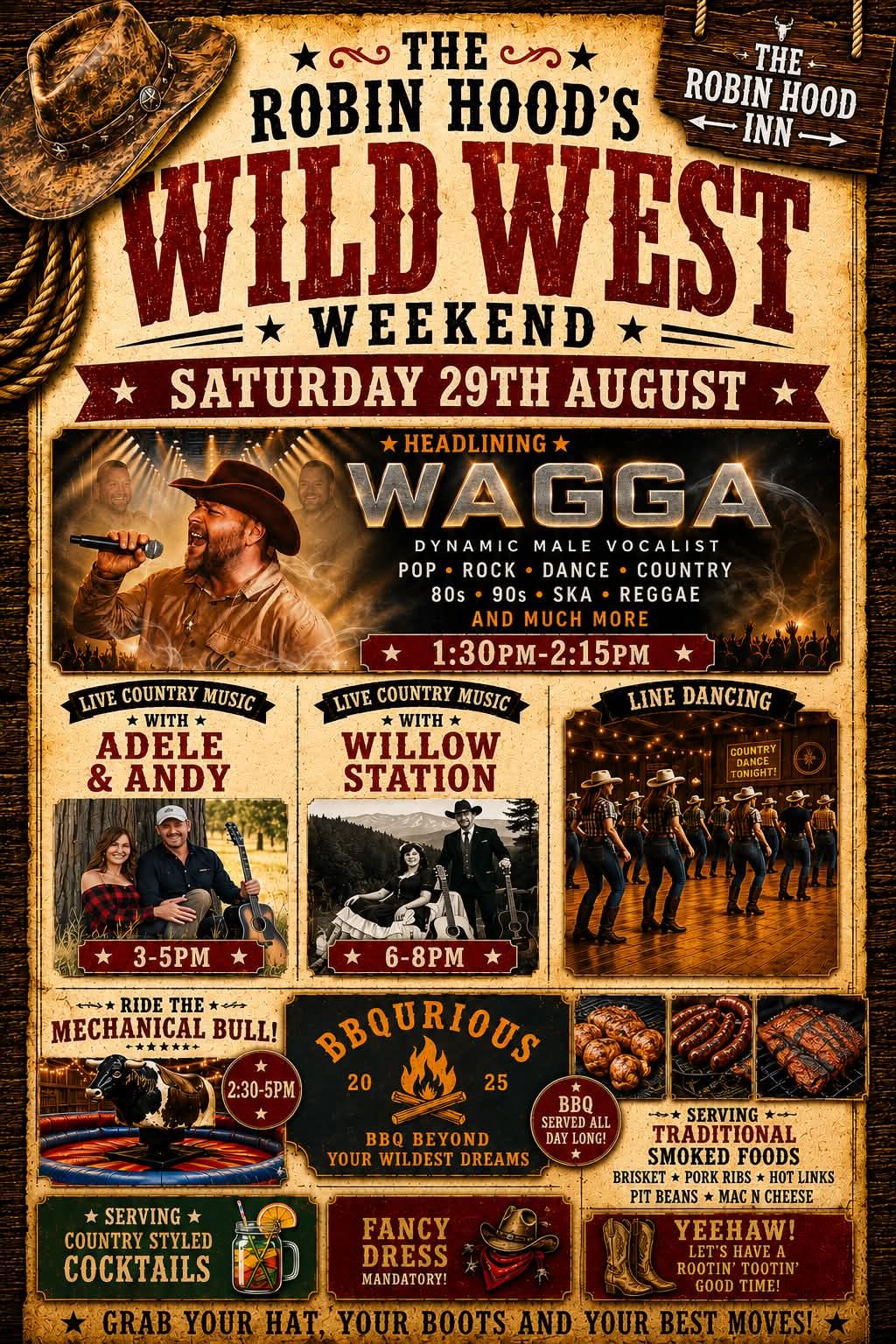 Robin Hood's Wild West Weekend poster — WAGGA headlining, Saturday 29th August at The Robin Hood Inn