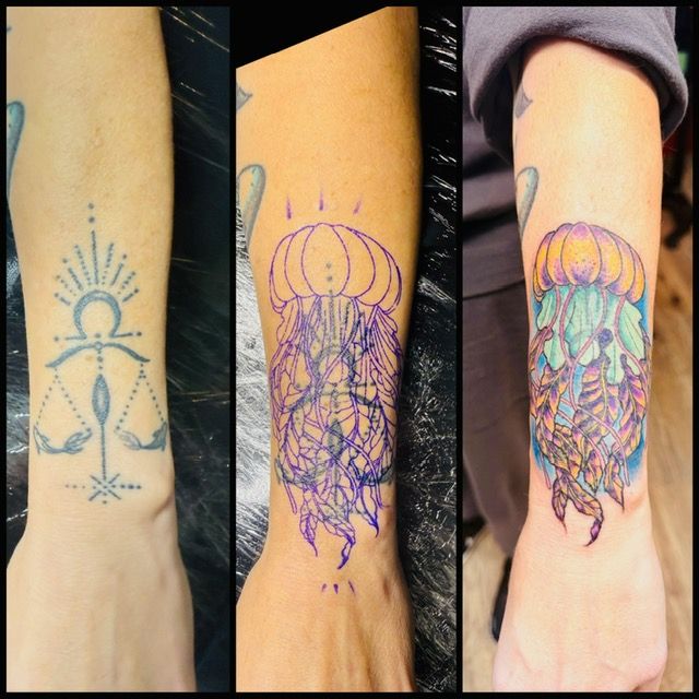 Cover-up process by Justin - before, stencil, and finished jellyfish