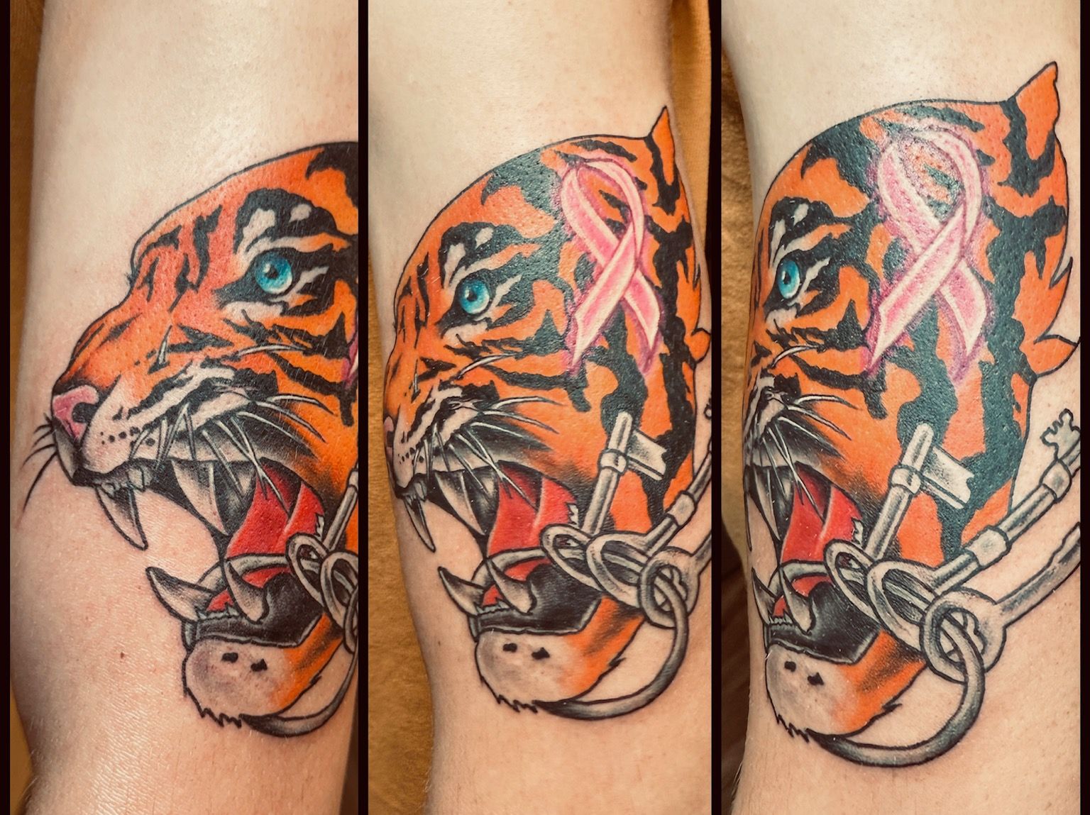 Color tattoo by Justin - tiger head with bridle bit and pink ribbon