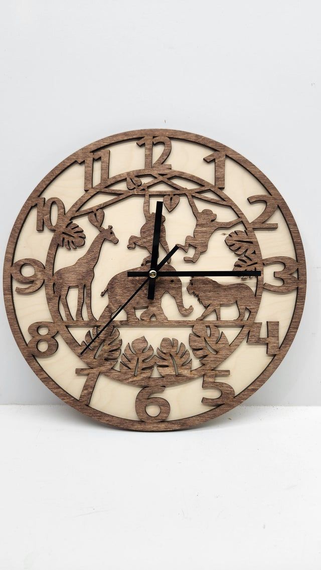 Animal safari wall clock with giraffe and elephant cutouts