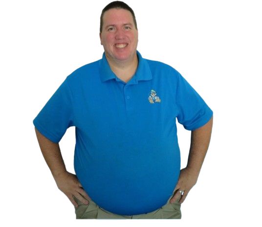 Irving Tryon, founder of Tryon Computers, wearing a blue Tryon Computers polo