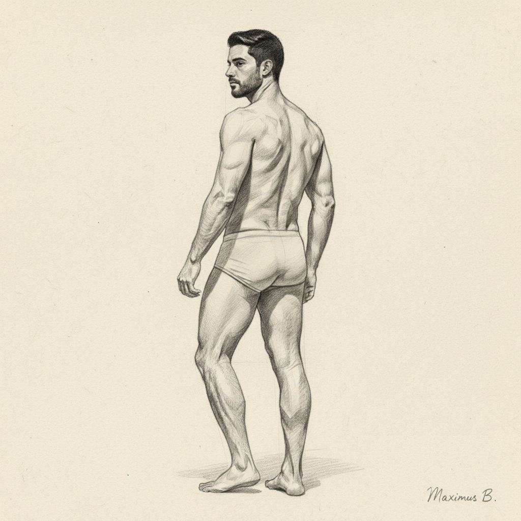 Male figure from behind — back anatomy study in graphite pencil by Maximus B.