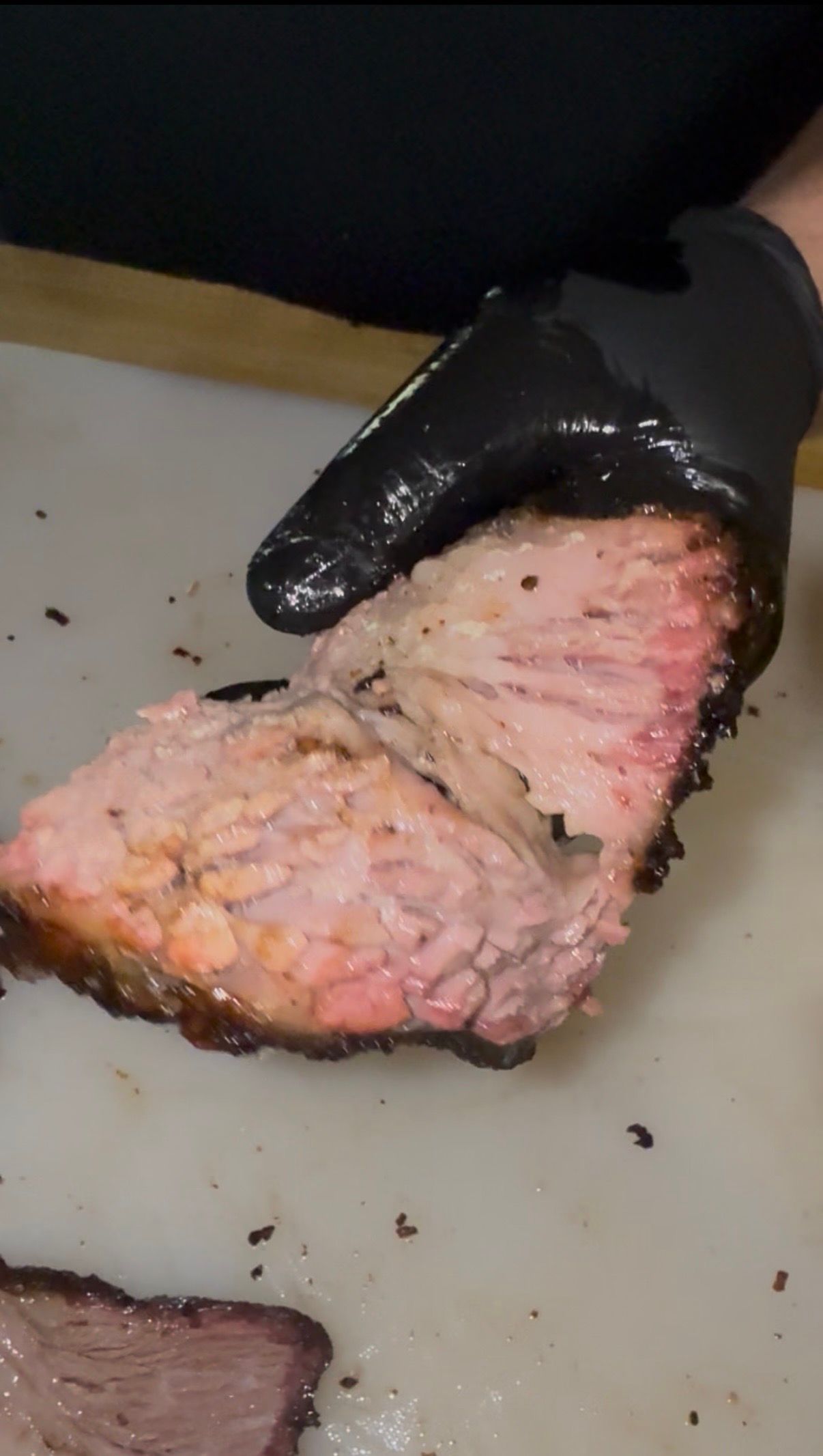 BARK'D brisket slice with bark close-up
