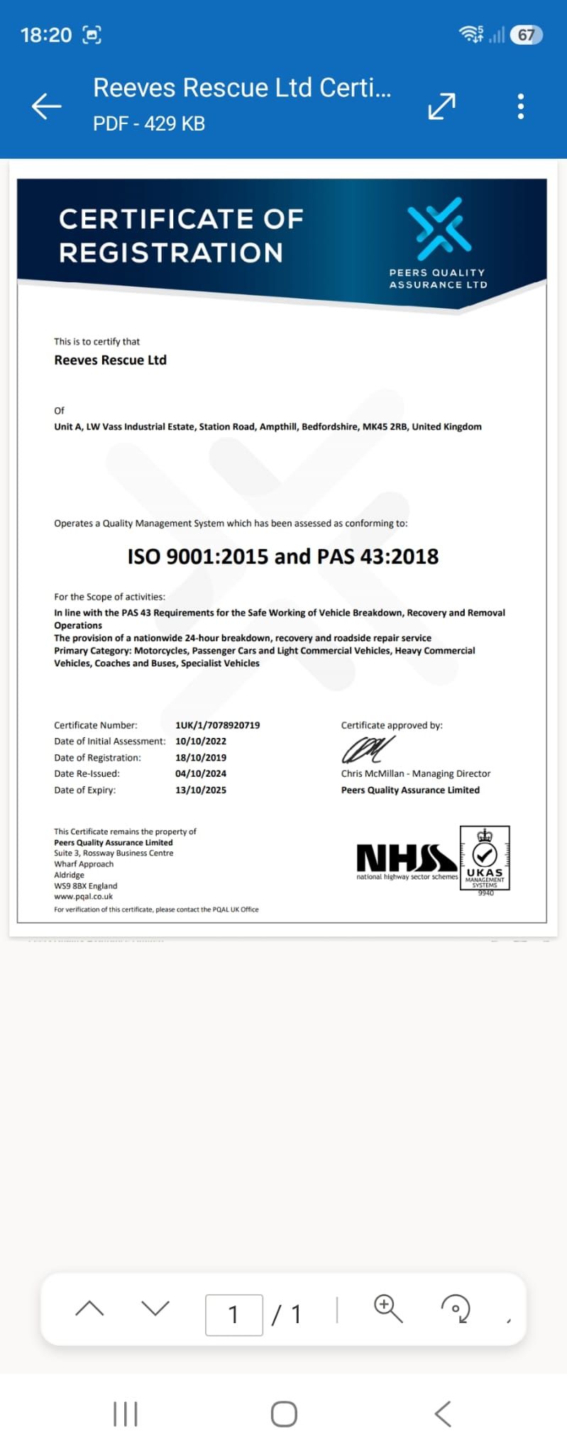 ISO 9001:2015 and PAS 43:2018 certificate