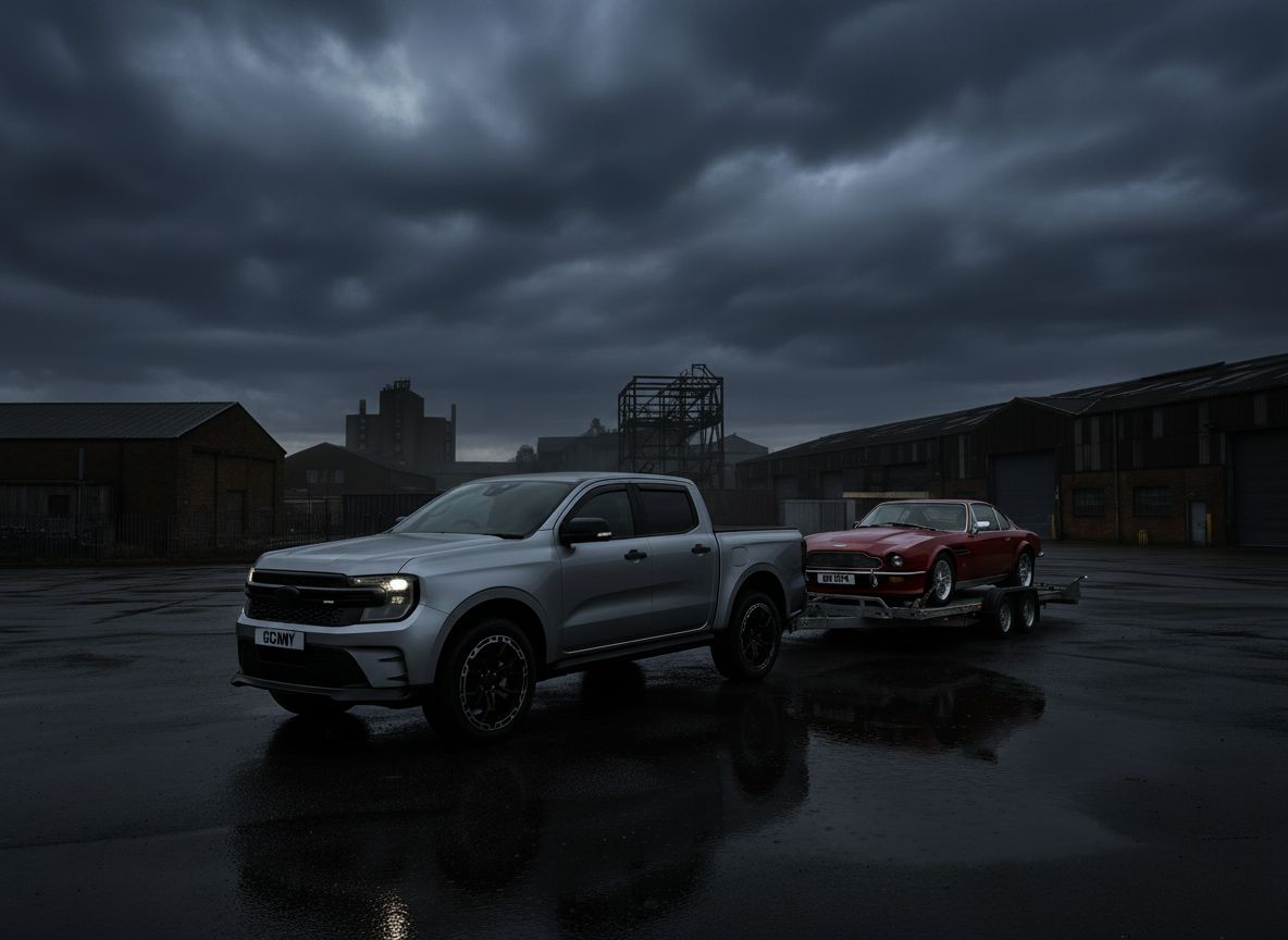 Cartör MS-RT Ford Ranger with red Aston Martin V8 Vantage on trailer in industrial setting