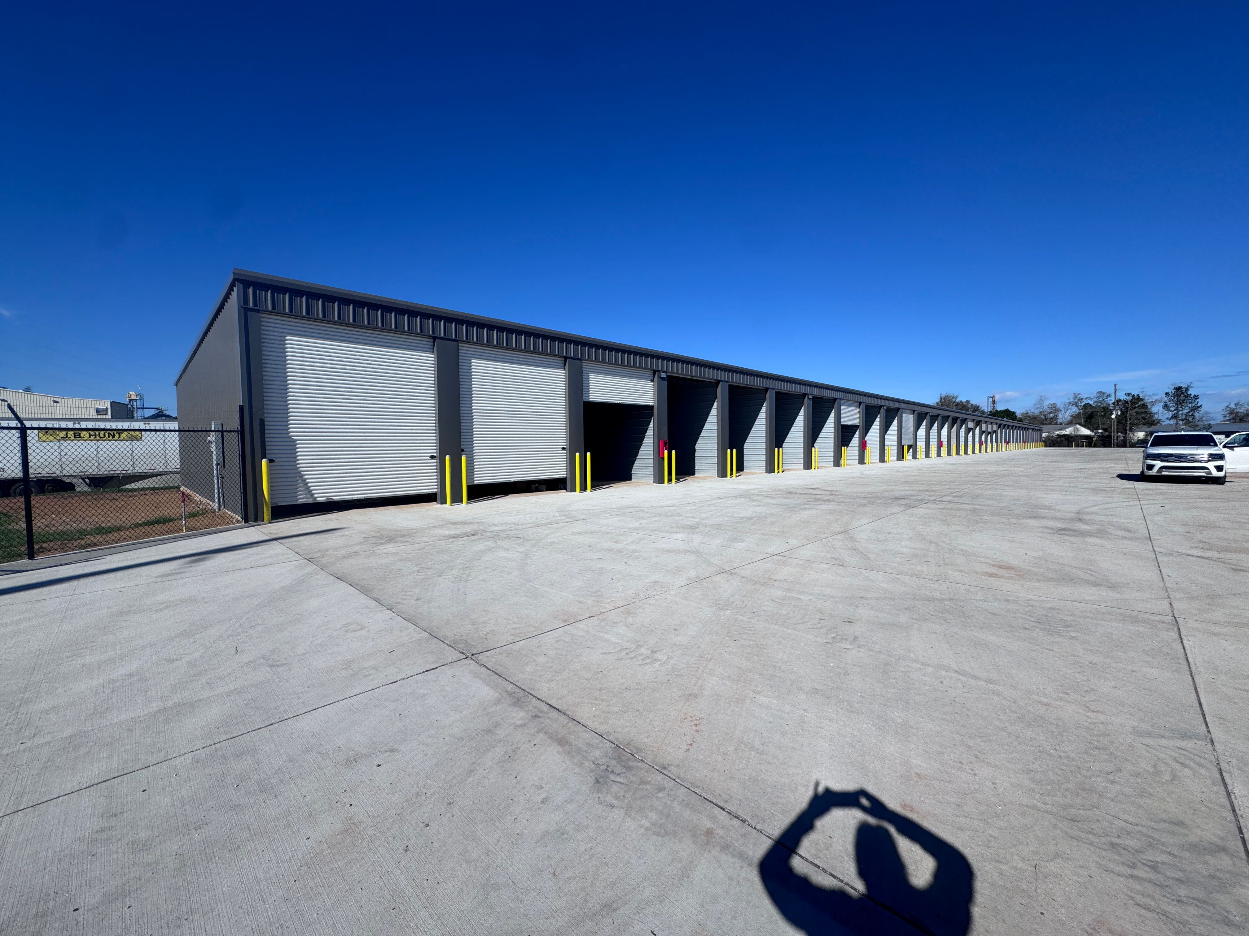 Storage units exterior with wide drive aisle