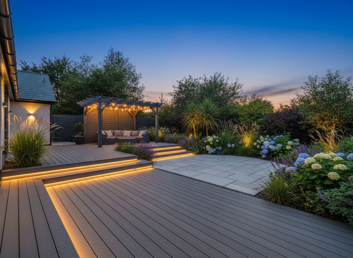 Beautifully landscaped garden with decking, strip lighting and pergola at dusk