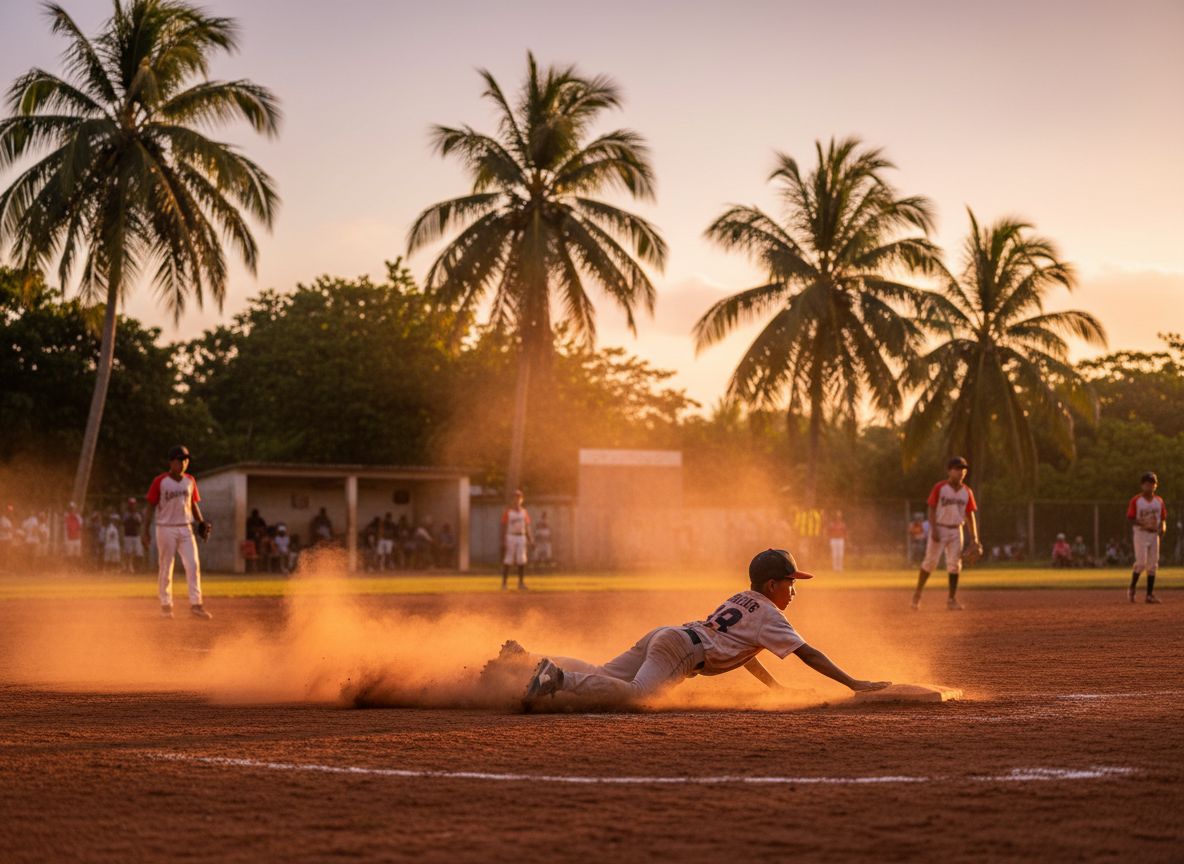 Player sliding at sunset on the baseball field