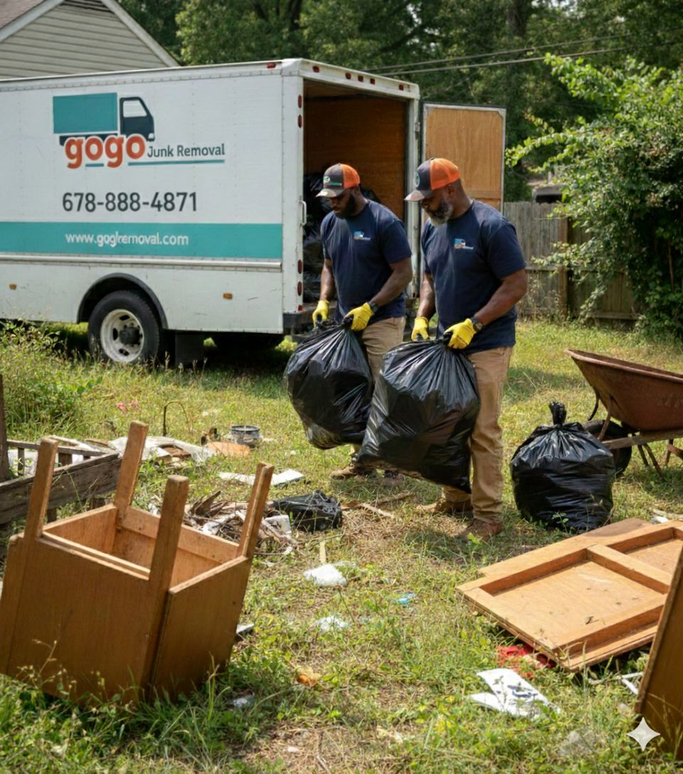 Two GoGo Junk Removal workers in branded uniforms lifting garbage bags during yard cleanout