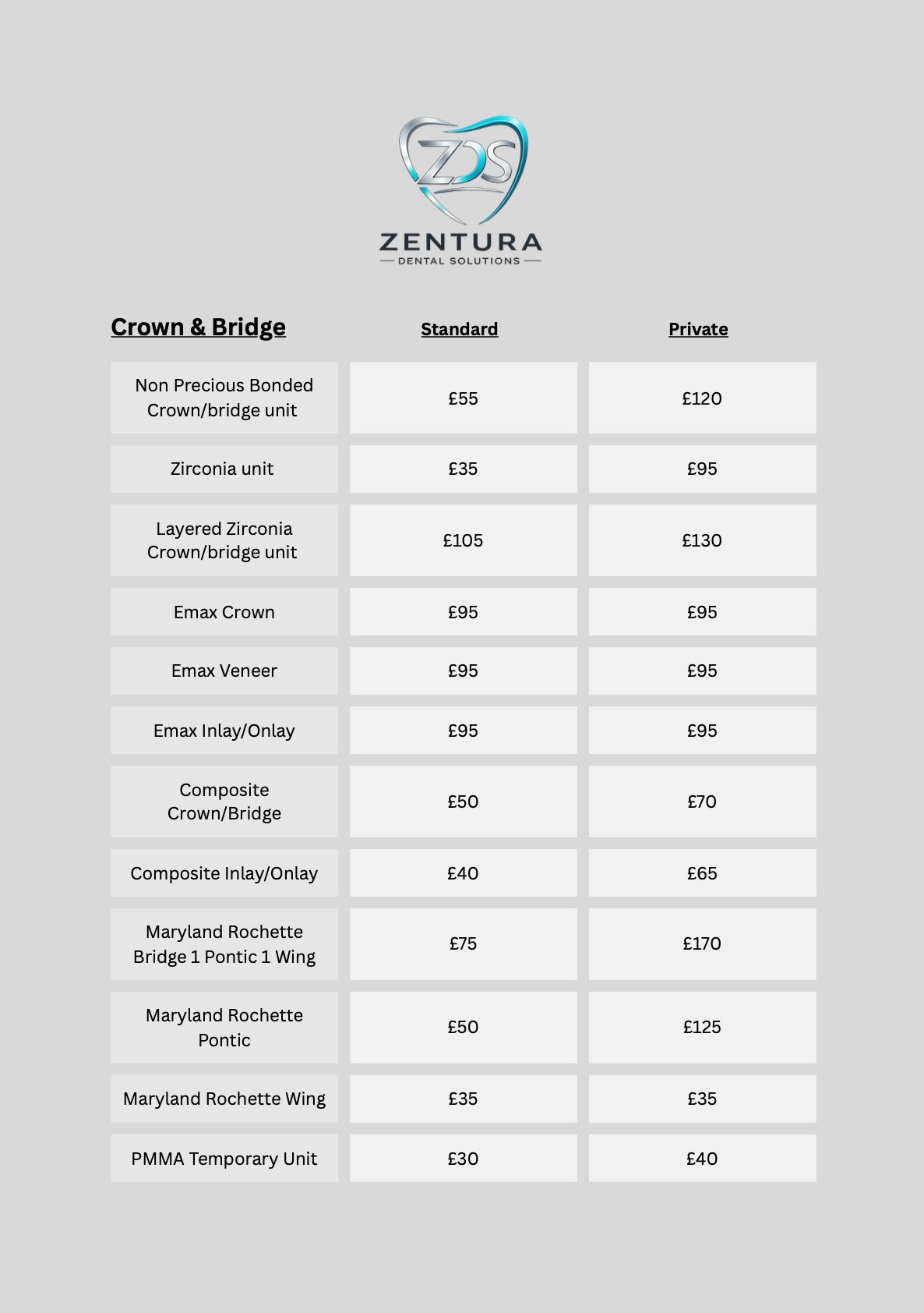 Crown & Bridge price list